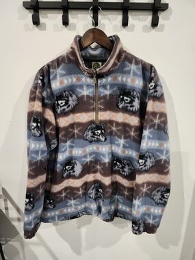 Vintage Men's Quarter Zip-Up Fleece Pullover - Brown & Light Blue Wolf Pattern